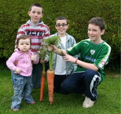Sarah, Garvin and Anthony Moyle and Darragh McGee pictured with the giant carrott grown by Colm Moyle.