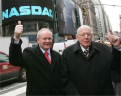 Northern First Minister Ian Paisley wearing his Moville shirt in Times Square, New York, during his visit with Deputy First Minister Martin McGuinness.
