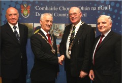 Pictured from left are, Derry City Council chief executive Tom McGurk, Derry Mayor Alderman Drew Thompson, Donegal Mayor Cllr John Boyle and Donegal county manager, Michael McLoone.