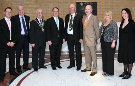Pictured from left to right, are Matt Peachy, Derry City Council; Bro McFerran, ceo Northbrook Technologies NI; Mayor of Derry, Alderman Drew Thompson; Lieutenant Governor of Massachusetts,Timothy P Murray; Donegal Mayor, Cllr. John Boyle; Henry McGarvey , ceo Pramerica; Linda Watson, Lady Mayoress of Derry and Aeidin McCarter, Derry Donegal Diaspora Project co-ordinator.