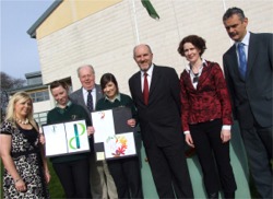 Pictured from left with Ris and Tara are Moville Community College art teacher Niamh Doherty, John McCarter, Anthony Doogan, Denise McCool and Andrew Ward.