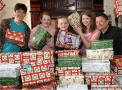 Pictured with just some of the shoeboxes already donated are from left Ruth Garvey-Williams, Zoe Friel, Mary Crossan, Bethany Garvey-Williams and Andrew Garvey-Williams.