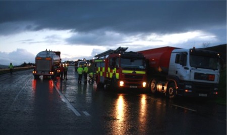 The scene of the accident between a fuel tanker and fire engine at Burt yesterday.