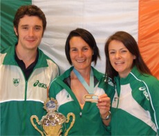 European 100k Bronze medallist Helena Crossan with two of her support crew in Belgium, John Collins and Brigid Moohan.