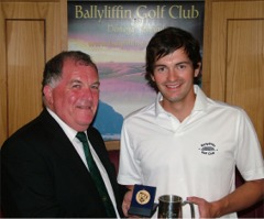 Paul Doherty is congratulated by Ballyliffin Golf Club Captain Vincent Lynn.