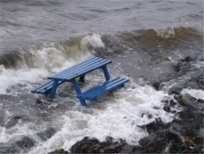 A picnic bench hurled into the sea near the Green in Moville.