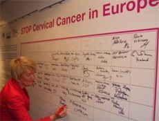 Marian Harkin MEP, pictured in Brussels this week signing the petition calling for an effective cervical cancer programme throughout Europe.