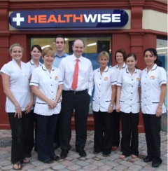 Pharmacist Liam Grimley and his staff pictured outside his new Healthwise pharmacy at Lower Main Street, Buncrana.