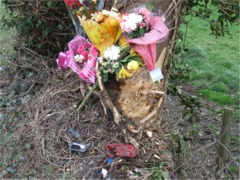 Flowers left at the scene of the Muff accident in March 2007.