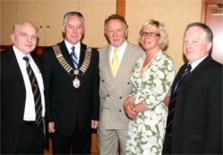 Pictured, from left, at the special ceremony to grant Phil Coulter the freedom of Donegal are, County Manager, Michael McLoone, Buncrana Mayor Cllr. Paul Bradley, Phil Coulter, his daughter Siobhan and Buncrana Deputy Mayor Cllr. Peter McLaughlin.