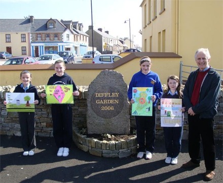 Clonmany competition winners from left, Eibhilin Doherty (Overall Winner), Clonmany NS, Aoife McGonigle, Cloontagh NS, Claire Friel, Tiernasligo NS and Chloe McLaughlin, Rasheny NS. Also pictured is PM Gallen of the Clonmany Town Renewal Committee.
