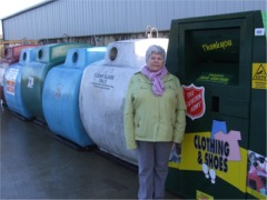 Cllr Marian McDonald at the clothes and bottle banks now relocated to the Glencrow Business Park on the outskirts Moville.
