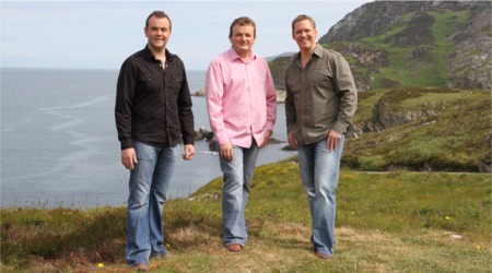The Three Amigos country singers, from left, Patrick Feeney, Jimmy Buckley and Robert Mizzell shooting their latest music video in Inishowen.