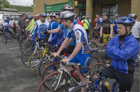Members of the Saddle Rock Cycling Club get on their marks for their first race.