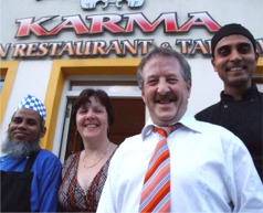Jackie and Eileen Holmes with Karma chefs, Syed Afrug Miah, left, and Surinder Singh Dhillon.