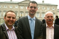 From left, Cllr. Pdraig MacLochlainnn, Cllr. Pearse Doherty, Seanad candidate, and Cllr. Tony McDaid outside Leinster House where they cast their votes.